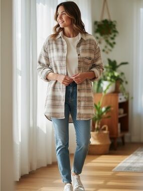 Striped Beige Shacket with Chest Pocket